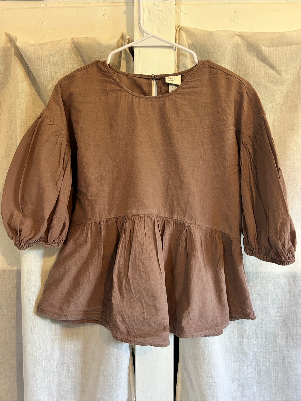 Brown Peplum Puff Sleeve Top
